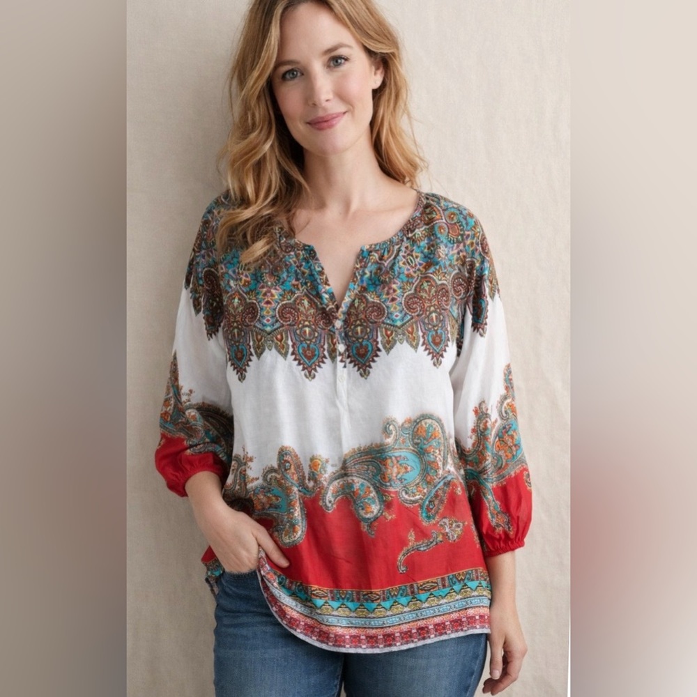 Tommy Bahama White Blouse with Red & Turquoise Paisley Border